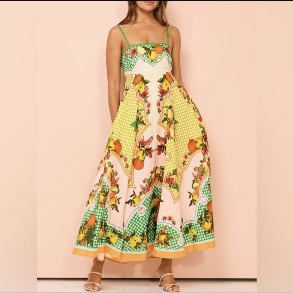 Caroline Constas Fruit Print Maxi Dress | Linen Summer Polka Dot Sundress